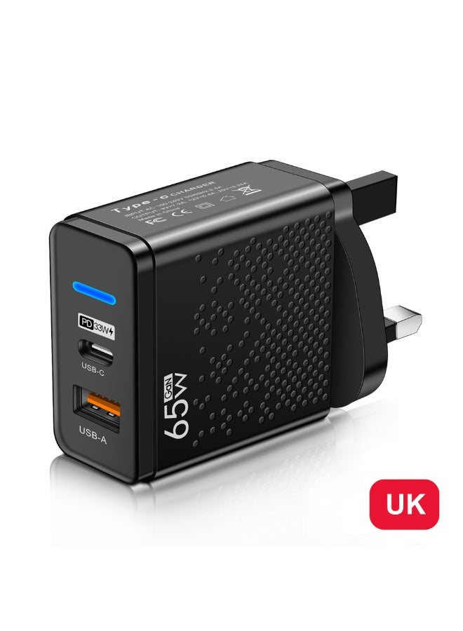 محول شحن سريع 65W PD منفذين (Type-C + USB) - شاحن جدار مع مؤشر LED لجميع هواتف آيفون سامسونج شاومي هواوي ريدمي (مقبس UK) - Image 3